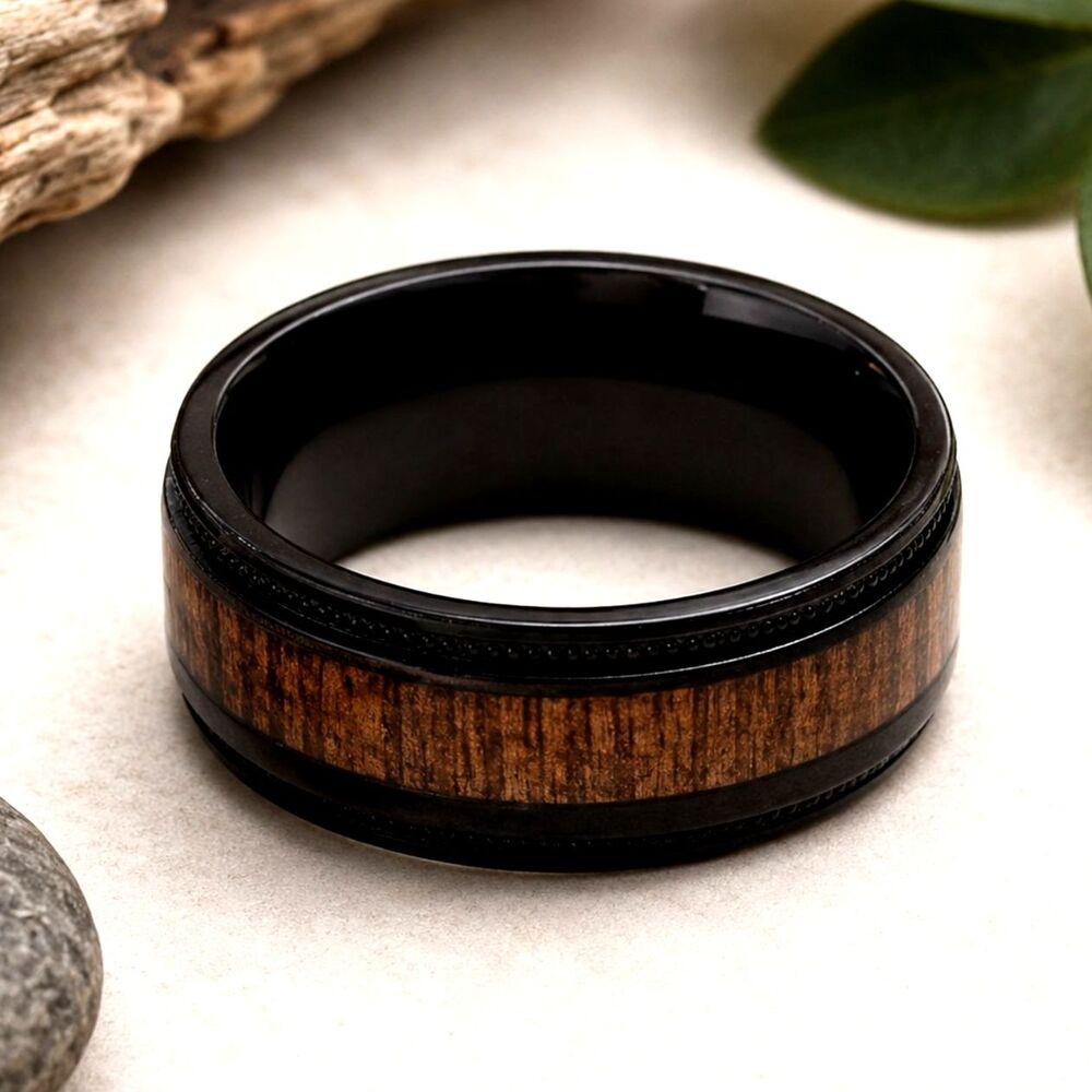 King Hill Acacia Wood Inlay Black Ceramic Ring Size 8 Men's Band